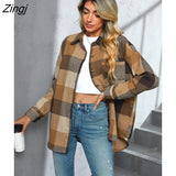 PETAL Plaid Button-Front Oversized Shacket Coat For Woman Casual Loose Long Sleeve Jacket Top 2023 Female Outerwear