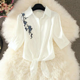 Summer Fashion Stripe Blouse Short Sleeve Shirt Women Blouses Chiffon Embroidery Shirts White Blue Top Blusas Women