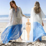 Blue Bohemian Embroidered Batwing Sleeve Side Split Summer Beach Dress Chiffon Tunic Women Plus Size Beachwear kaftan