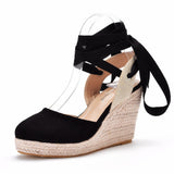Round Head Water Table Slope Sandals Roman Strap High Heel Sandals Hollow Summer Grass Table Sandals