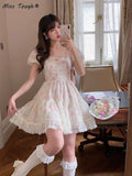Lace Korean Sweet Dress Women France Vintage Elegant Party Mini Dresses Female Print Casual Beach Boho Fairy Dress
