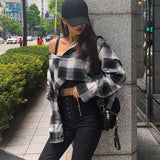 Buffalo Plaid Shirt Women Crop Top Long Sleeve Blouse Button Up Shirt Fall Tops Korean Fashion