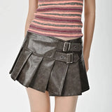 Women's Leather Skirt Fashion 2024 New Y2k Korean Low Rise Mini Skirt Knee Length Female Sexy Pleated Skirts Dark Brown