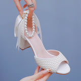 Cm Pearl Fish Mouth Coarse Sandals Shallow Buckle With Large-Size Beads Drifting Sandals Bride Beaded Wedding Shoes