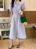 Kitty Elegant Lapel Flowers Women Dress Close Waist Summer Slim Stylish All Match Office Lady High Street Short