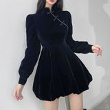 Chinse Style Vintage Black Velour Ball Gown Party Dress Female Cheongsam Autumn Elegant Evening Dresses Puff