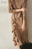 O-neck Ladies Knitted Dresses Women Long Sleeve Ruffles Slim Lace-up Female Sweater Dress Women Clothing Winter