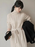 Women Clothing Fashion Turtleneck Knitted Dress 2022 Autumn Winter New Lace-up Waist Sweater Skirt Korean Clothes Women