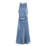 2025 New Fashion Round Collar Sleeveless Black Silk Satin Texture Dress Women