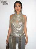 Summer Backless Hood Sleeveless Women 2 Piece Set Sexy Fashion PU Material Ladies Tops Beach Party Casual