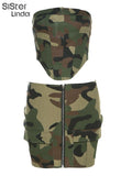Camouflage Print 2 Piece Set Women Sleeveless Zip Frock Corset Top+High Waist Skirts Lady Matching Attirewear