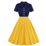 Women Vintage Pinup Dresses 50s Yellow Patchwork Turn Down Collar Button Sundress Elegant Rockabilly Party Swing