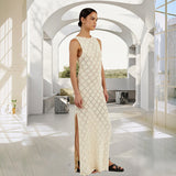 Zingj Women's Sexy Perspective Hook Flower Hollow Knitting Dress Long Skirt Woman-Outfit