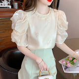 Small Fragrant Bubble Sleeve Heavy Industrial Nail Bead Chiffon Shirt 2025 Summer New Embroidery Design Sense Of Gas
