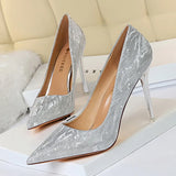 Zingj High-Heeled Women's Shoes Thin Heel High Heel Shallow Pointed Sequin Sexy Thin Nightclub Single Shoes Wedding