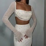Pearl Sexy Dress Sets Women Square Collar Full Sleeve And Split Skirt Matching Sets Female Club Party Two Piece