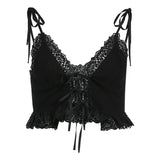 Frill Lace Sexy Crop Tops Tees Women Front Tie Sleeveless Cami Top Summer White V Neck Spaghetti Strap Top Party