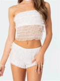 Women Layered Ruffles 2 Piece Summer Outfits Lace Mesh See Through Off Shoulder Tube Tops Shorts Club Streetwear