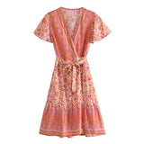 Queens Women Pink Floral Print Cross V-neck Beach Wrap Mini Dress Ladies Short Sleeve Rayon Boho Dresses
