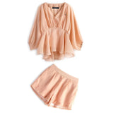 Spring Summer Casual Solid Set Female Long Sleeve V-neck Shirt and High Waist Shorts 2 Pcs Set Lady Vintage Suit