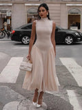 White Patchwork A-line Women Midi Dress Fashion Crew Neck Sleeveless Long Dresses Female Party Commute Street