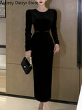 Velvet Black Midi Dress Women Elegant Chic Designer Long Sleeve Dress Sexy Casual Evening Party Formal Occasion Dress
