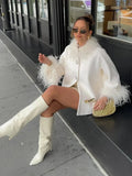 Feather Collar Cape Rhinestone Buttoned Coat-Outfit