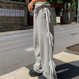 Grey Stripe Ribbon Drawstring Sweatpants-Outfit
