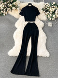 2024 Y2k Women Sets Short Skinny Crop Tops+Long Flare Pants Simple Style Fashion Streetwear Casual Two Pieces
