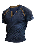 Summer Casual Short Sleeve T-shirt Men Vintage Button O-Neck Loose Pullover Tops Fashion Pattern Printed Tee Men