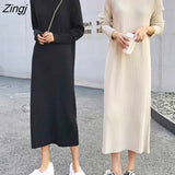 Women Long Sleeve Dresses Midi Dress Elegant Ribbed O-neck Straight Korean Style Trendy Simple High Elasticity All-match