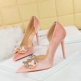 Zingj Banquet High Heels Fine Heel Shallow Mouth Tip Side Hollow Out And Thick Suede Water Diamond Button Bow Single