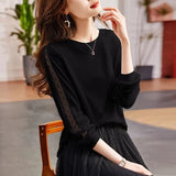 Collar Hollow Lace Texture Top T2025 Spring New Fashion Temperament Knitted Long-Sleeved T-Shirt