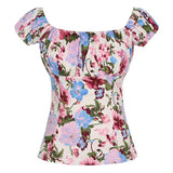 Sexy Women Tops Slim Off The Shoulder Rockabilly 50s Style Vintage Polka Dot Cherry Floral Printing Short Sleeve
