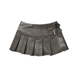 Women's Leather Skirt Fashion 2024 New Y2k Korean Low Rise Mini Skirt Knee Length Female Sexy Pleated Skirts Dark Brown