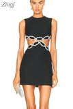 O Neck Sleeveless Cut Out Diamond Bandage Dress Women Black Backless Luxury Diamond Mini Bodycon Dress Evening Club