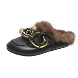 Real Fur Metal Chain Mules Women Shoes Loafers Round Toe Casual Shoes Women Furry Slides Fluffy Hairy Flip