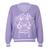 Preppy Style Oversized Knitted Sweater Women Casual V Neck Autumn Jumper Ladies Print Fashion Pullover Knitwear