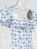 Floral Print Dress Sweet Square Neck Puff Sleeve Side Spilt Drawstring Maxi Dresses for Women Party Chic Casual