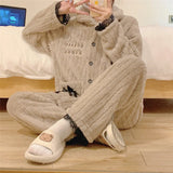Winter Warm Flannel Women Pyjamas Sets Thick Coral Velvet Long Sleeve Cartoon Sleepwear Thin Flannel Pajamas