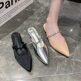 Baotou Half Slipper Female 2025 Pointed Flat Bottom Rhinestone Chain Silver Muller Shoes Wear Cool