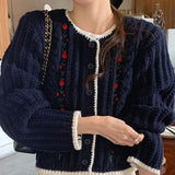 Zingj Gentle Wind Heavy Industry Design Sense Small Autumn And Winter Three-Dimensional Embroidery Flower Contrast Color Edge Single-Breasted Sweater Cardigan-Outfit