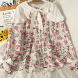 Flower Print Blouse Women Japanese Sweet Peter Pan Collar Long Sleeve Shirt Spring Korean Preppy Style Casual Female