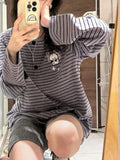 Striped Long Sleeve T-shirt Women Japanese Fashion Y2k Aesthetic Grunge Tees Streetwear All Match Pocket Top