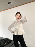 Fake 2 Piece Puff Sleeve Peplum Top Satin Blouse White Designer Shirt For Women Long Sleeve Top Korean Fashion