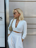 Sexy Fashion Back Open Bow Tie V-Neck Cropped Knitted Blouses Female Long Sleeve Short Shirts Girls Chic