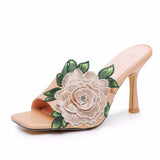 Cm Square Head High Heel Sandals Slippers Wine Glasses And Temperament Embroidered Flowers Women's Shoes White Fish Mouth Light