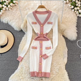 Women Knitted Sheath Dress Autumn Winter Office Color Contract Bodycon Dress Elegant V-neck Work Wear Sweater