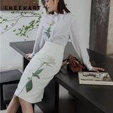 White Floral High Waisted Skirt Fall Fashion Knee Length Bodycon Pencil Skirt Women Ladies Bottoms Minimalist