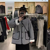 Short Parkas Women Black Plaid Single Breasted Loose Leisure Retro Korean Style All-Match Winter Female Clothing